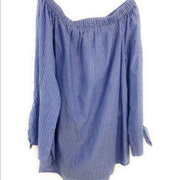 Off the Shoulder Paige Blouse Blue Ticking Tie Detail - Picture 3 of 8